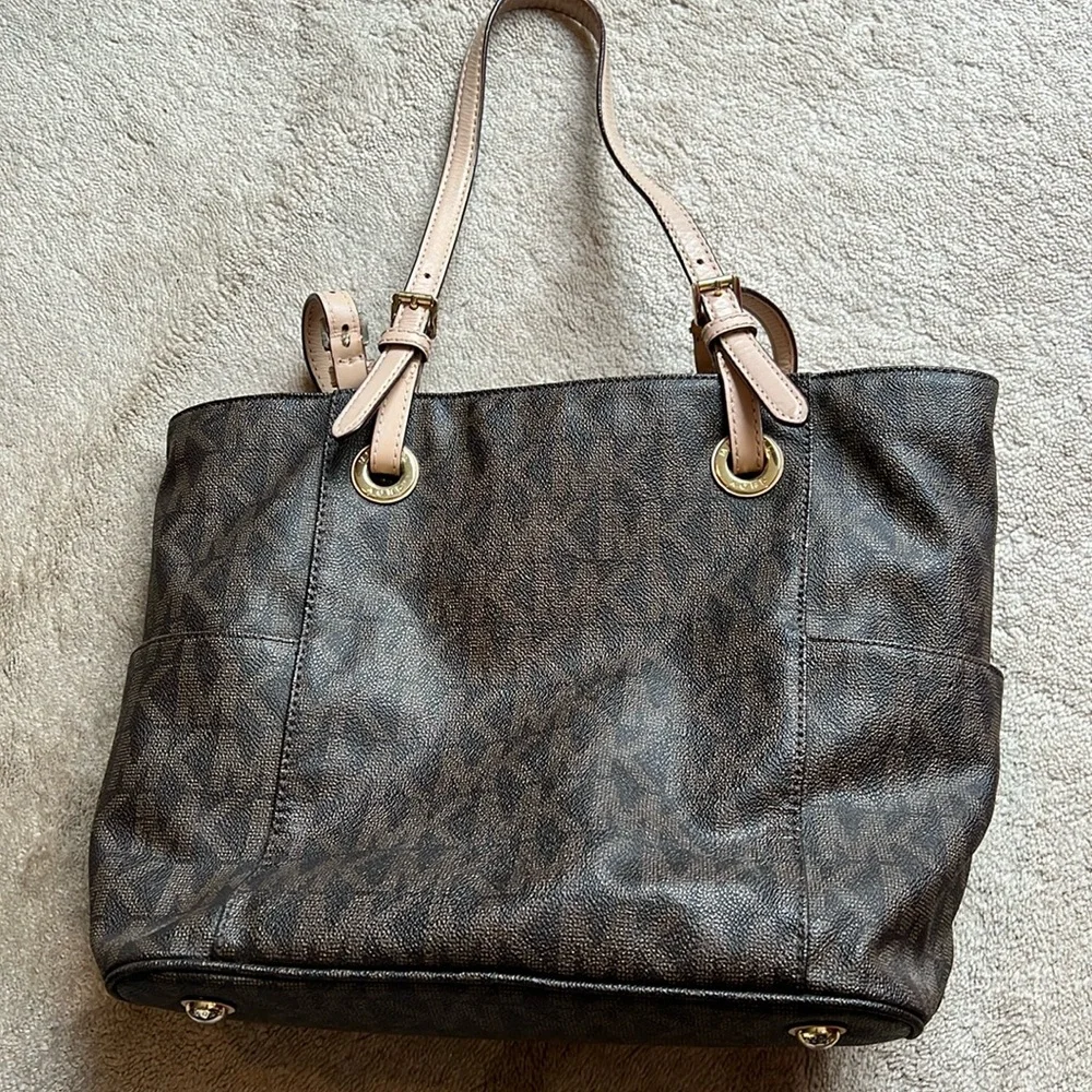 MICHAEL Michael Kors Brown Logo Tote with Pale Pink Leather Straps